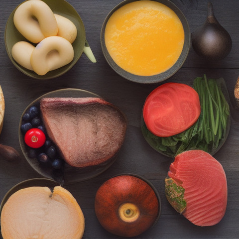 Various types of food are displayed on a dining table.