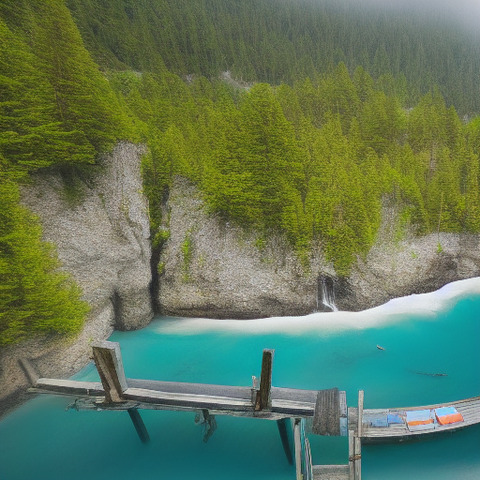 A beautiful blue lake is surrounded by lush trees. The lake is a beautiful blue and the water appears to be very clear. A boat is sitting in the water, and it seems to be resting on a wooden dock. The surroundings are so lush and green, providing a serene atmosphere.