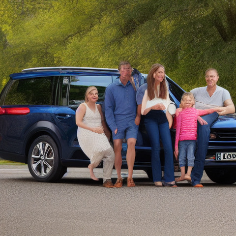 The group is posing in front of a blue van.