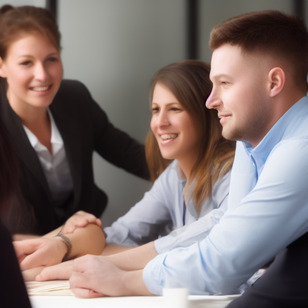 A group of business people, including a woman, are sitting around a table engaged in conversation. The woman has her elbow on the table, and they all seem to be enjoying their time together.