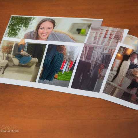 The image features a woman who is wearing a gray shirt and is sitting on a chair. The rest of the image consists of a collage of pictures, including one of her and one of another woman. These pictures are spread across the image in various sizes and orientations. Additionally, there is a couch present in the scene.