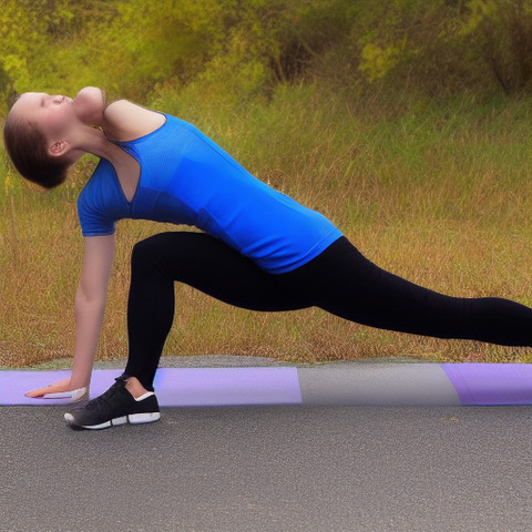 A woman in a blue shirt and black pants is doing yoga in a field.