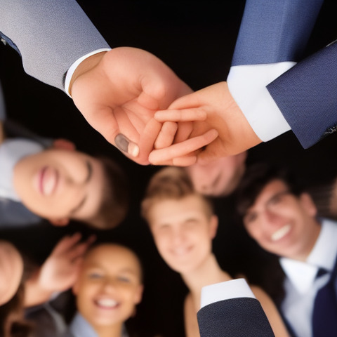 A group of people, some of them smiling, are posing for a picture. They are standing close to one another with their hands interlocked.