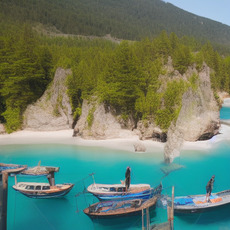 The boats are tied off to a dock at the beach, in front of a beautiful mountain range.