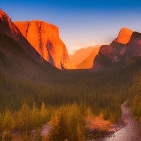 A beautiful scene of a valley with tall mountains in the background, the sun is setting casting a warm glow on the mountains. The valley is filled with green vegetation, and the water flowing through it creates a picturesque scene. The sunlight is low in the sky, casting a golden hue on the landscape and giving a serene atmosphere to the scene.