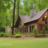 A large wooden house with a brick chimney.