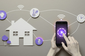 A graphic illustrating smart home technology with a house icon connected to icons for light, thermometer, clock, and a smartphone with a play button being pressed.