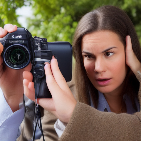 A woman holding a camera, wearing a brown jacket, and looking at the screen.