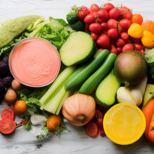 A white table with a variety of vegetables including red onion, broccoli, and orange.