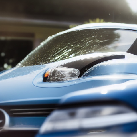 A blue car on a street with a sunny day.