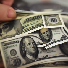 A close-up of a person holding a bunch of money with one of the bills showing the picture of a man with a hat. The person appears to be in the process of counting the money or showing a friend.