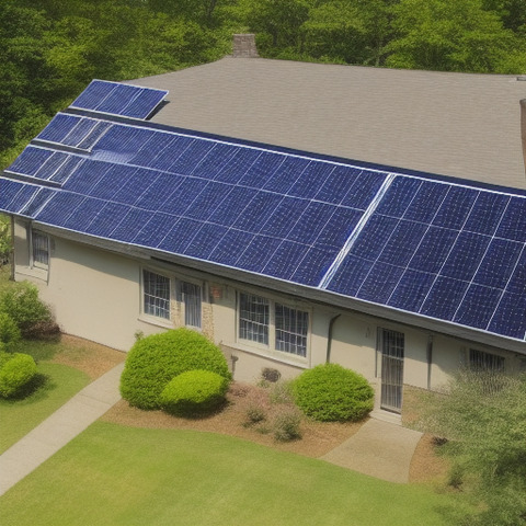 A solar panel is on top of a white building, with grass underneath it.