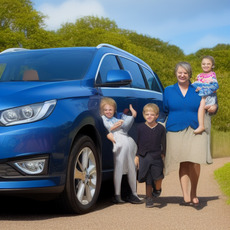 A woman is standing next to a blue vehicle along with her family. The woman is wearing a blue shirt.