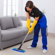 A woman wearing blue overalls is sweeping the floor.