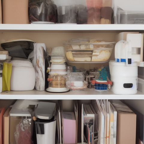 A shelf with various items on it, including a bunch of containers, books, a knife, and a cup.