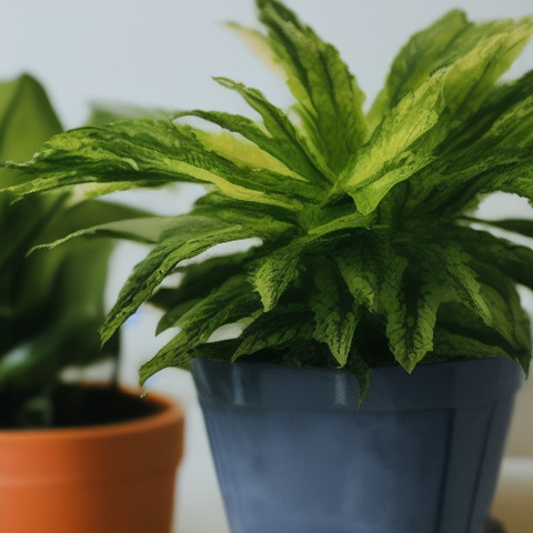 The yellow and green potted plant is sitting on a white table.