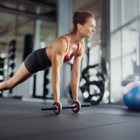 A woman in a red top is holding a barbell with weights and doing a push up in a gym.