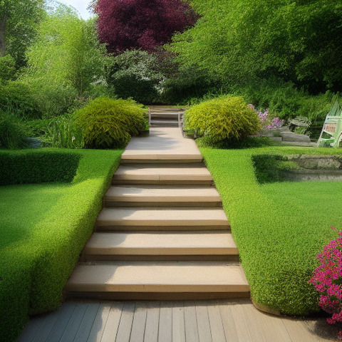 A large area of grass with a series of steps leading up to a platform. The steps are made of wood and are covered with a light brown material. The grass is well maintained and green, giving a sense of a well-maintained park or garden setting.