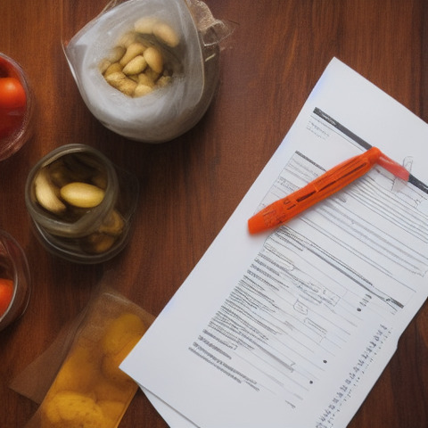 A table covered with various food items, including several jars, a bag of almonds, a document, and a pen.