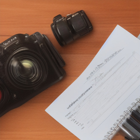 A black camera sits on a wooden table next to a piece of paper.