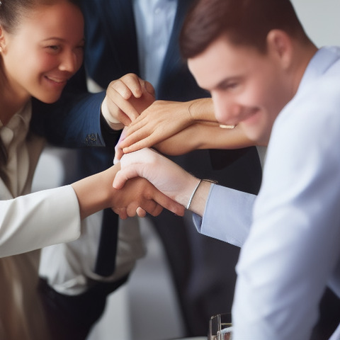 A man and woman are shaking hands and smiling for a picture.