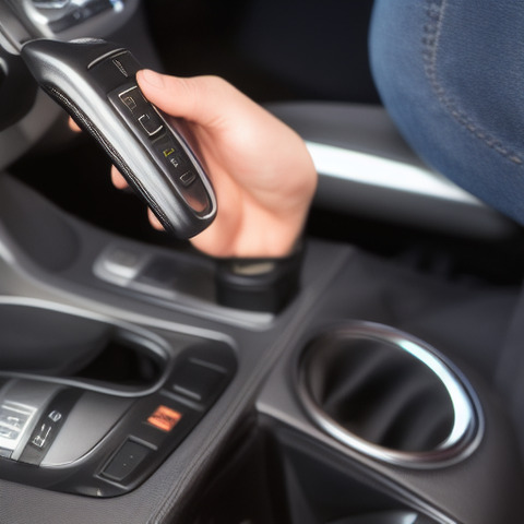 The steering wheel controls in a car are shown in a close-up view. The driver is holding a remote control with two buttons on it.