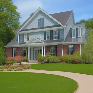 The house is a large, two story building with brick walls and a shingled roof. It has many windows, including bay windows on the second floor. A stone path leads up to the front door of the house.