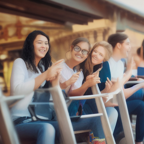 A group of people sitting on a moving staircase, smiling and enjoying their ride.