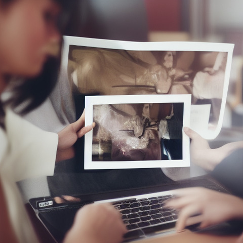 A person is holding a laptop while another person is holding a picture with a skeleton in it.