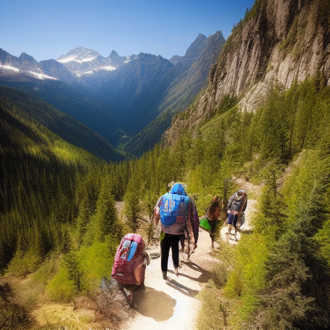 Four people are walking on a trail through a forested mountain range, carrying backpacks.