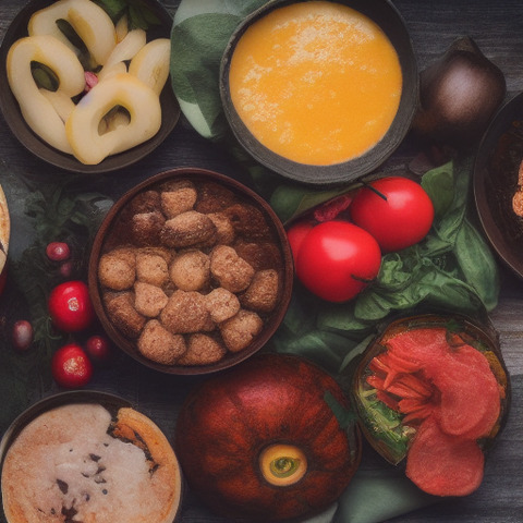 A large variety of food items are displayed on a table. The foods include a bowl of nuts, a bowl of fruit, a bowl of cereal, and several bowls of soup. The table has an abundance of food, showcasing a diverse selection of items to enjoy. The colors and textures of the food items create an appetizing arrangement, inviting people to partake in a delicious meal.