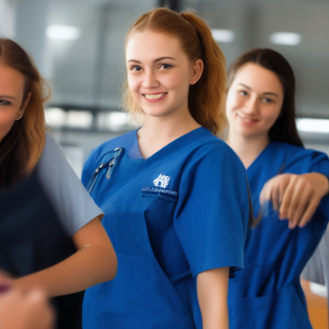 A group of young women in blue shirts posing for a picture.