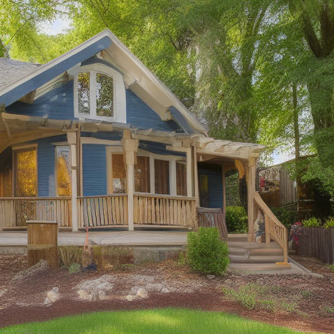 The photo features a blue house with white trim, sitting on a green lawn. The house appears to be a two story structure, giving it a large and spacious appearance. The grassy area around the house is well maintained, and a deck with a set of stairs leads up to the house's entrance. There are a couple of chairs located on the deck, providing a comfortable spot to relax or enjoy the outdoor view.