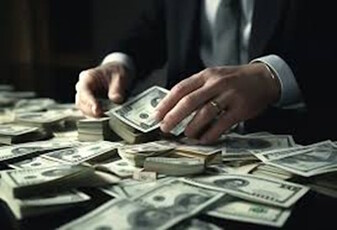 A person wearing a suit is holding a stack of money.