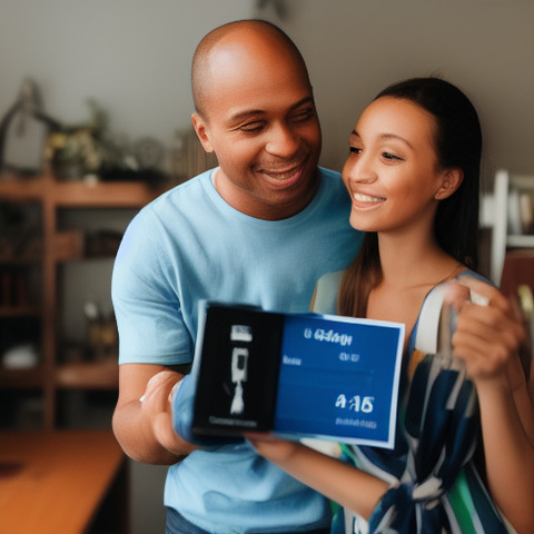 A man and woman are smiling and holding an item together in their hands.