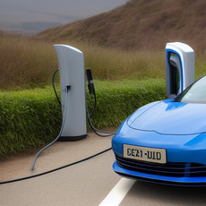 A blue car with its doors open and a recharging plug next to it.