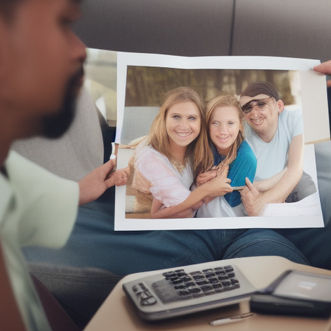 A man is holding up a photo of a woman and two children, who are hugging each other.