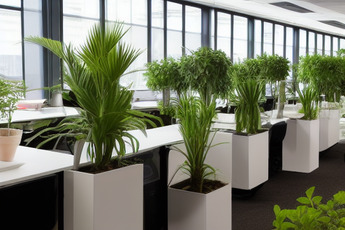 A large office area with multiple desks, chairs and potted plants. The room has white furniture and a white desk.