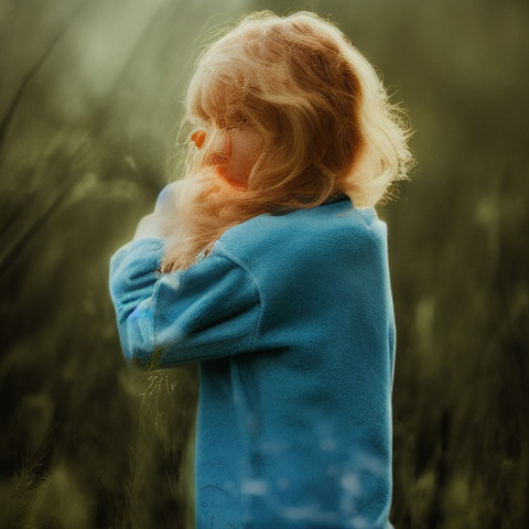 A young girl with blonde hair wearing a blue jacket in a grassy field.