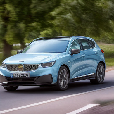 A blue sporty car driving down the road.