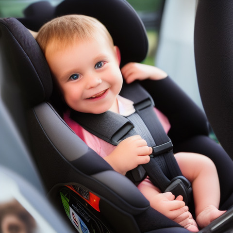 A baby sitting in a car seat smiling at the camera.