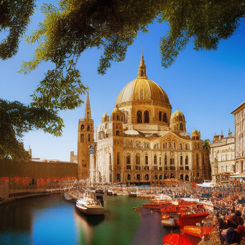 A large building is situated next to the water with several boats docked in front. The building's architecture features a domed roof, making it a distinctive landmark in the area.