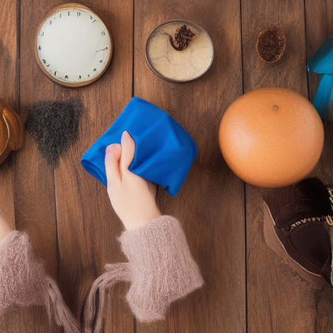 A wooden surface with various items on it, including a clock, a blue cloth, an orange, a couple of bowls, a cup, a blue cloth, and a brown bag. The blue cloth is being held in a hand.