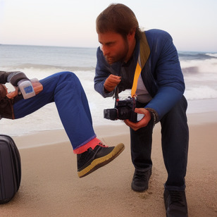 Two men are standing on the beach, one taking a picture of the other. The man taking the picture is holding a camera and has a blue coat. The man being photographed has a pink sock and is posing for the picture.