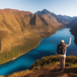 A person on a mountain overlooking a large body of blue water.