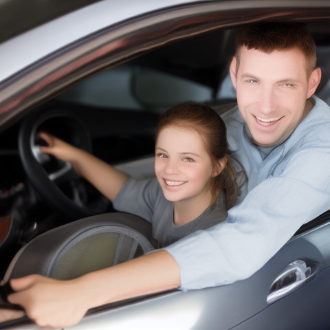 A man and a woman are in a car, with the man driving and the woman sitting next to him. They are both smiling.