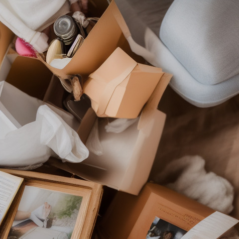 The image features a pile of brown boxes stacked on top of each other. On top of the boxes, there is a framed photo, a book, and several bottles. The scene gives the impression of a cluttered space with various items, such as a chair and a couch, present in the room.