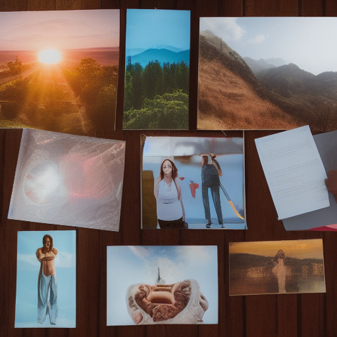 A collection of pictures and a letter are displayed on a wooden surface. The pictures feature a variety of subjects, including landscapes, people, and possibly a beach scene. Some of the pictures depict mountains in the background, showcasing the beauty of the environment. The letter is placed nearby, adding an element of personal touch and communication to the scene.