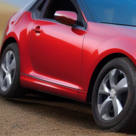 The red car is parked in a lot, with tire covers on the front and back.