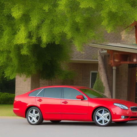 A red car is parked in front of a building.